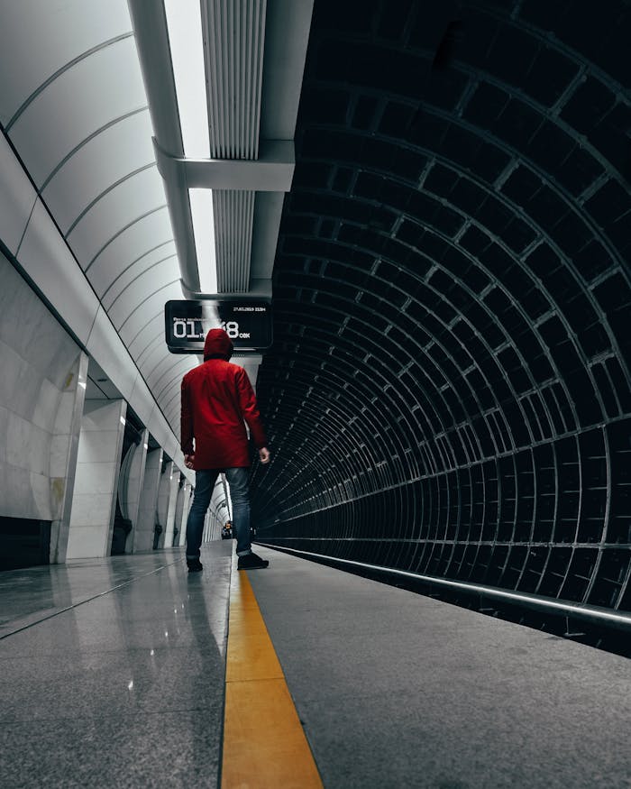 hero-img-01 A person in a red jacket stands on a subway platform in Moscow, Russia, waiting for a train.