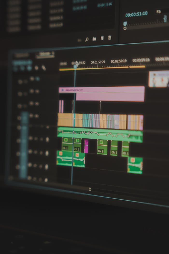 services-03 Detailed view of a video editing timeline displayed on a computer screen, highlighting the tools used in video production.