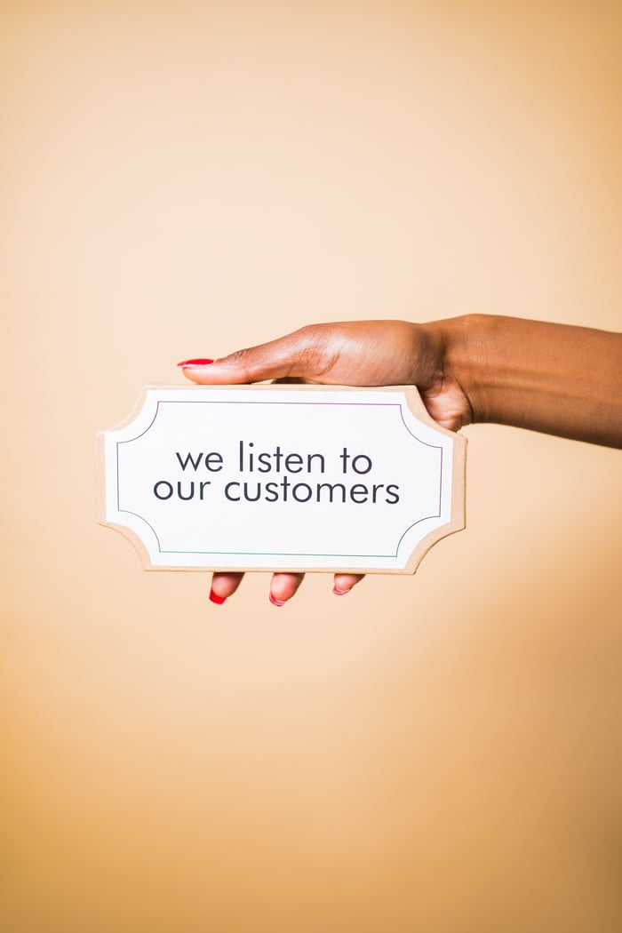 gallery-1 A hand holding a sign saying 'we listen to our customers' on a neutral background.